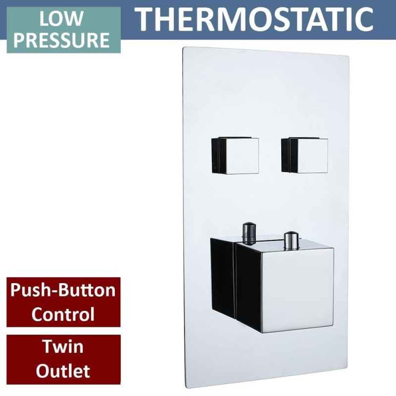 Gemini Square Twin Thermostatic Push-Button Shower Valve with 2 Outlets (controls 2 functions)