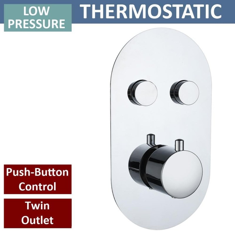 Rimini Round Twin Thermostatic Push-Button Shower Valve with 2 Outlets (controls 2 functions)