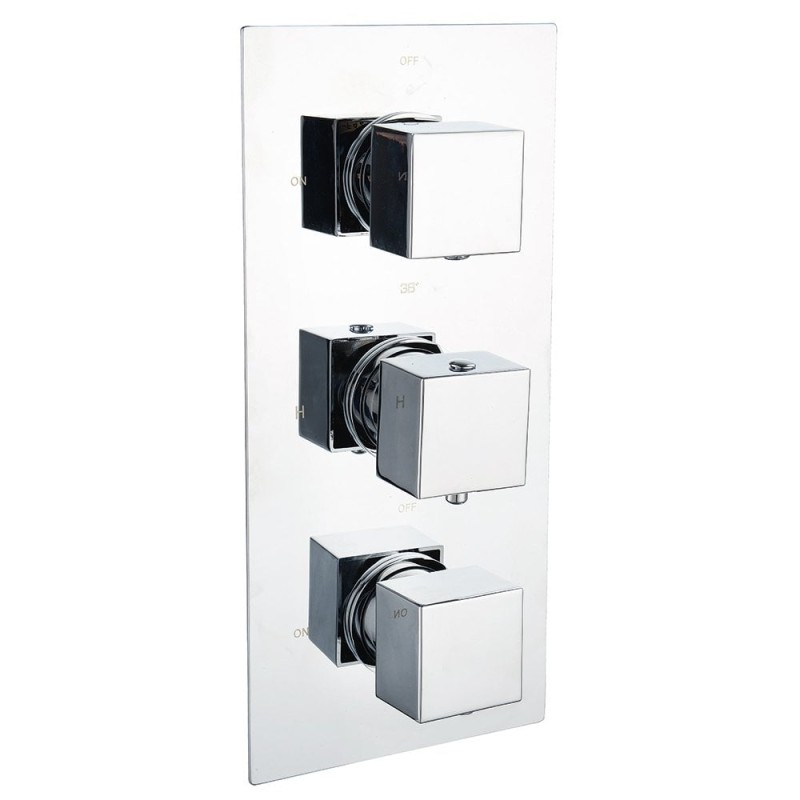 Ebony Square Triple Thermostatic Shower Valve with 2 Outlets (controls 2 functions, simultaneously)