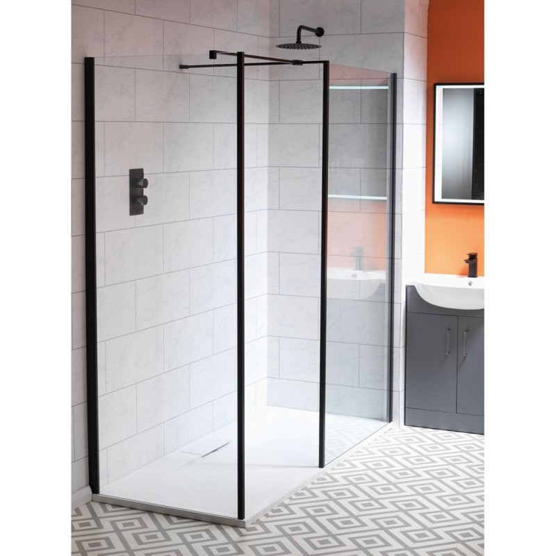 Classic Nouveau 6mm Shower Wall with Matt Black Frame & Easy-Clean Glass