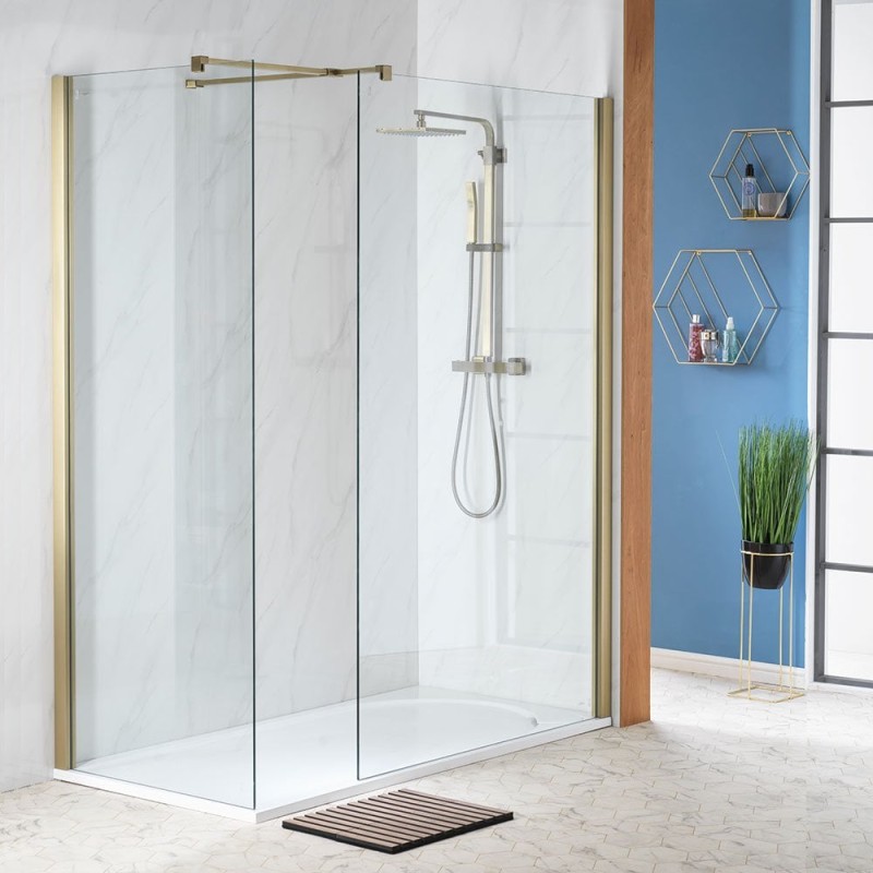 Genesis 8mm Clear Glass/Brushed Brass Frame Shower Wall with Easy-Clean Glass